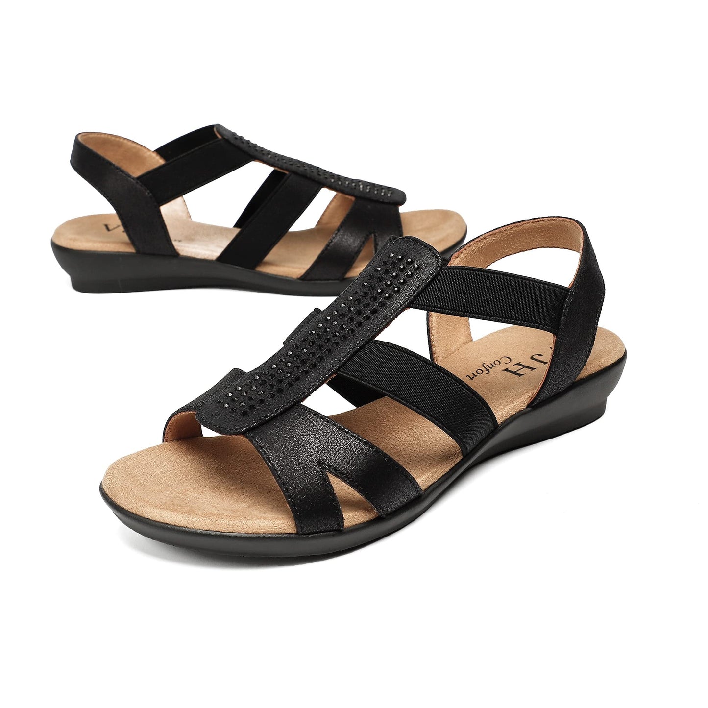 VJH confort Women's Comfort Flat Sandals Summer,with Rhinestone Open Toe Elastic Slip On Slingback Casual Walking Low Heele Sandals