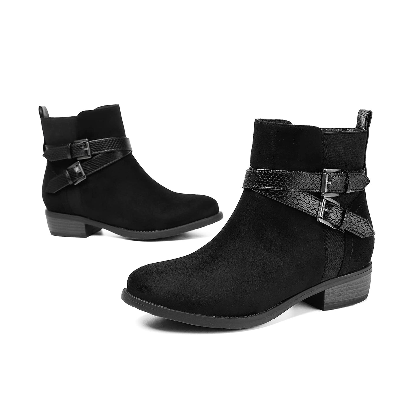 VJH confort Women's Ankle Boots,Round Toe Low Heel Comfort Elastic Booties with Side Zipper Buckle Strap