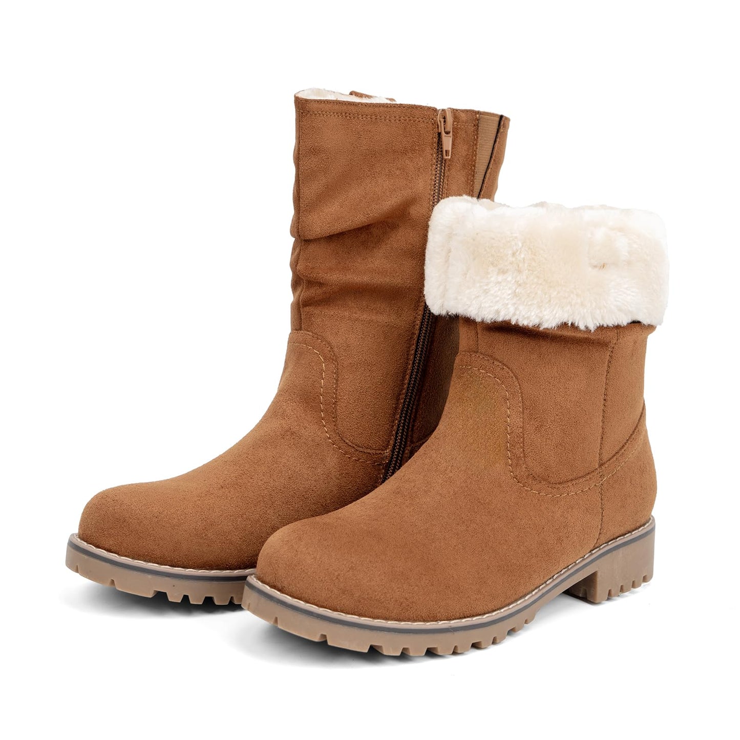 VJH confort Women's Mid Calf Boots Slouchy Riding Combat Low Heel Fur Lined Winter Zipper Booties