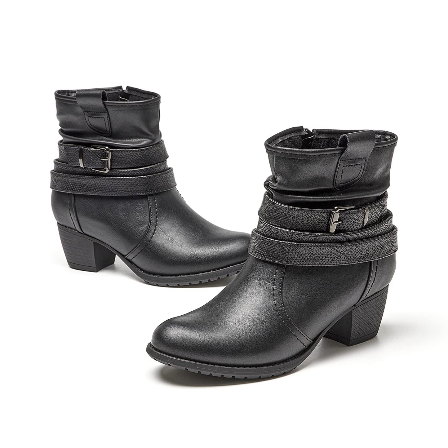 VJH confort Women's Mid Calf Boots,Round Toe Comfort Low Heel Slouchy Dress Booties with Buckle Strap Side Zipper