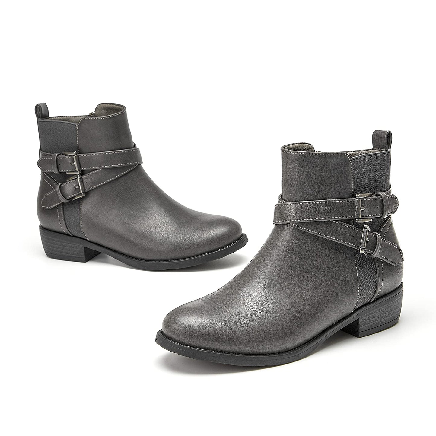 VJH confort Women's Ankle Boots,Round Toe Low Heel Comfort Elastic Booties with Side Zipper Buckle Strap