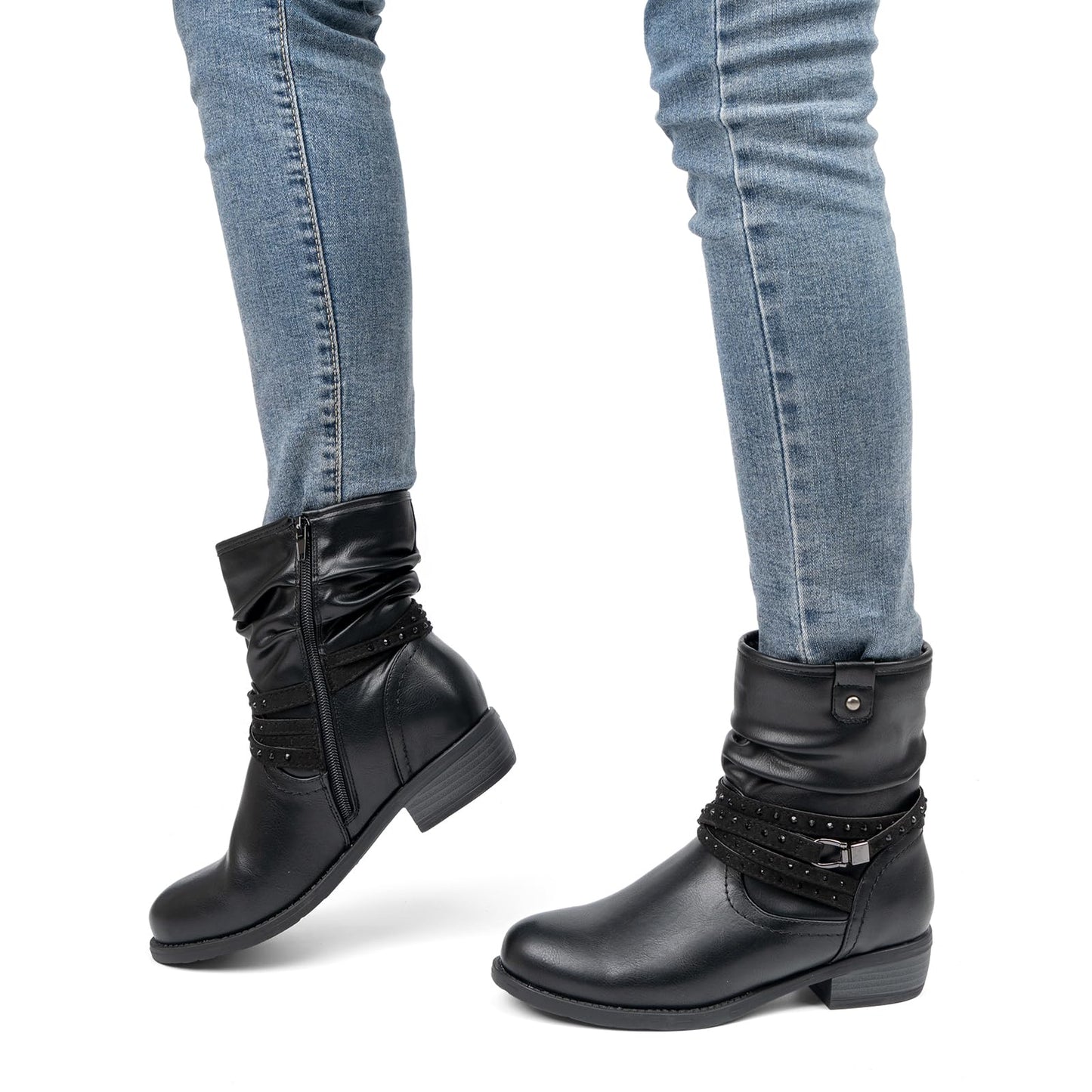 VJH confort Women's Mid Calf Boot,Round Toe Low Heel Comfort Slouchy Bootie with Side Zipper Buckle Strap