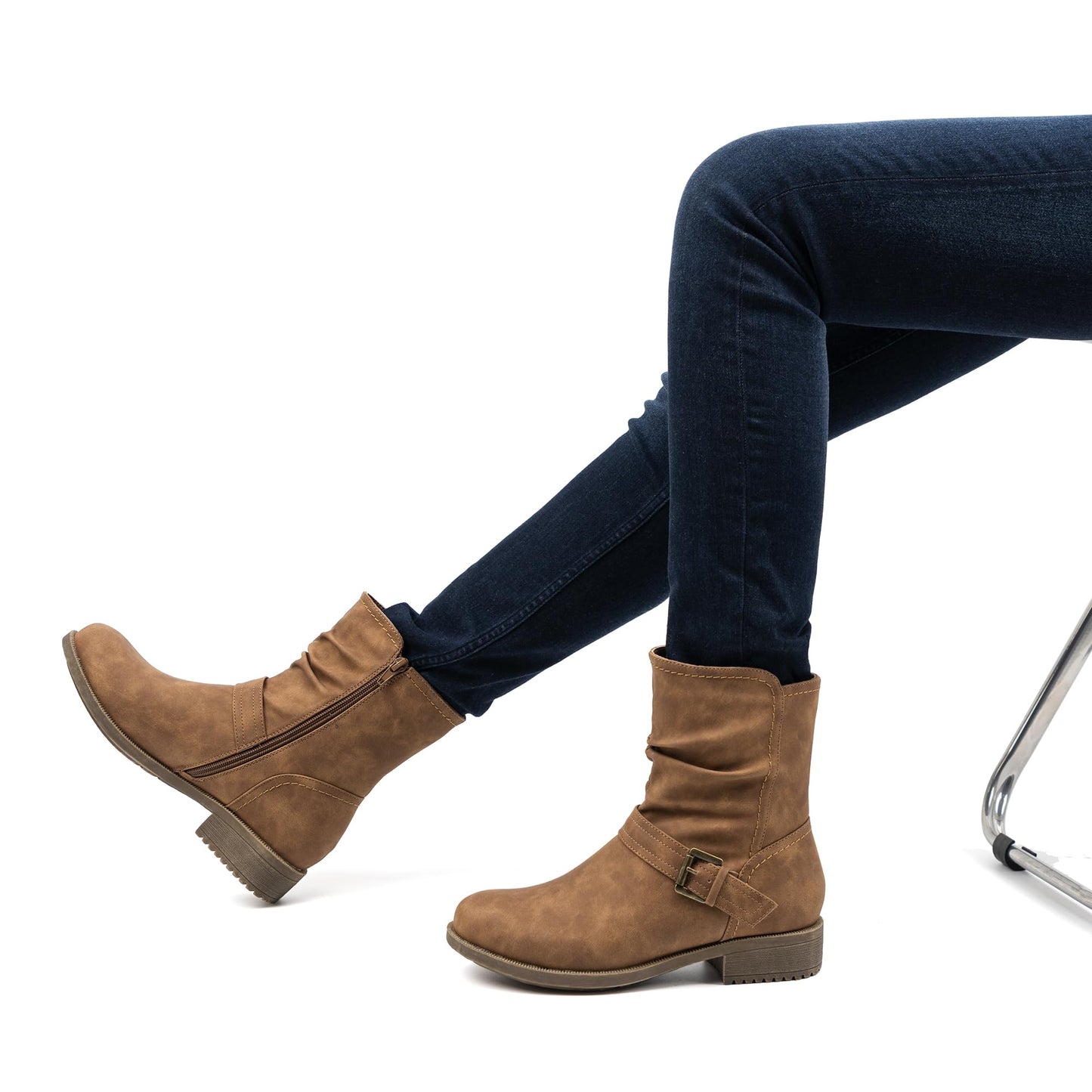 VJH confort Women's Mid Calf Boots, Comfort Buckle Slouchy Booties with Side Zipper