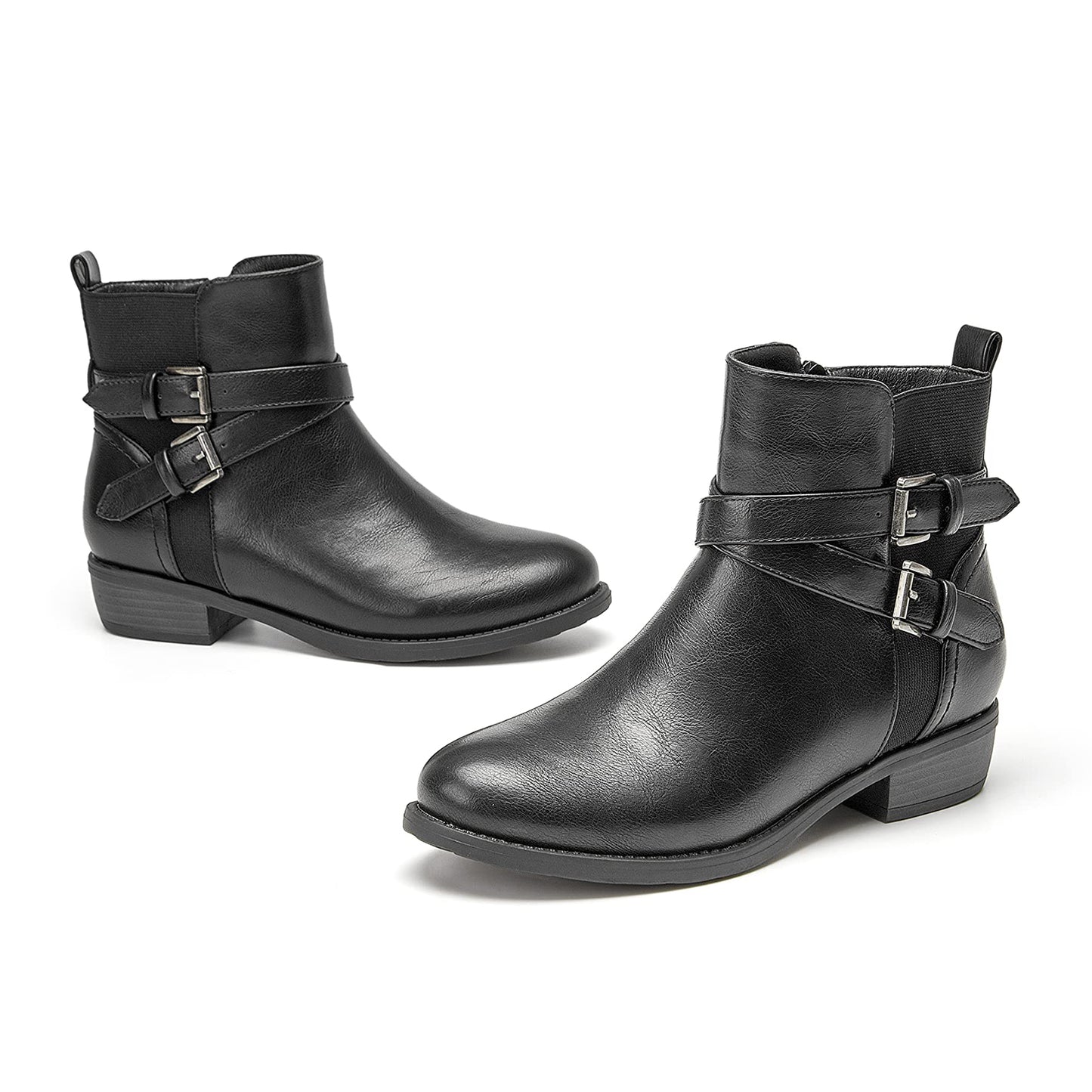 VJH confort Women's Ankle Boots,Round Toe Low Heel Comfort Elastic Booties with Side Zipper Buckle Strap