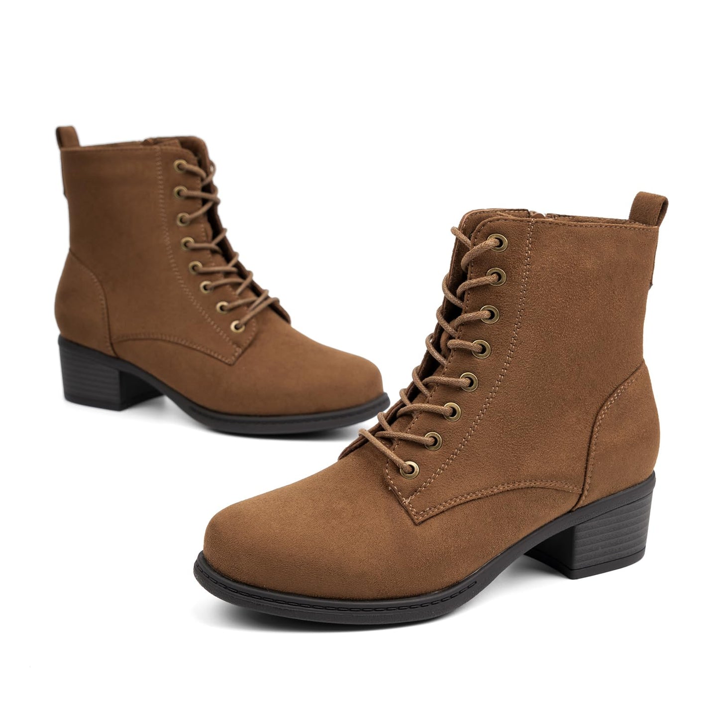 VJH confort Women's Fashion Ankle Boots Low Heels Chunky Lace-up Combat Bootie with Side Zipper