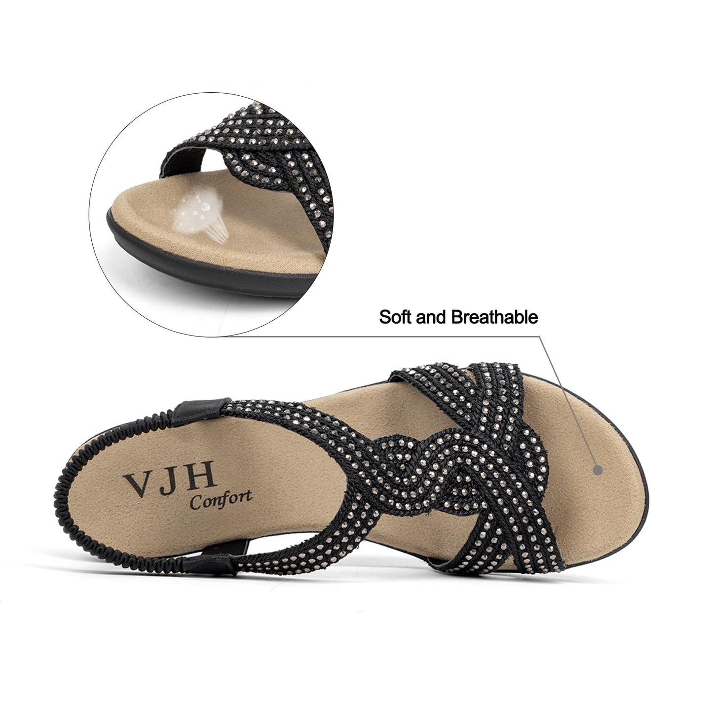 VJH confort Women's Flat Sandals Rhinestone Stretchy Strap Low Wedge Comfy Dressy Walking Sandals