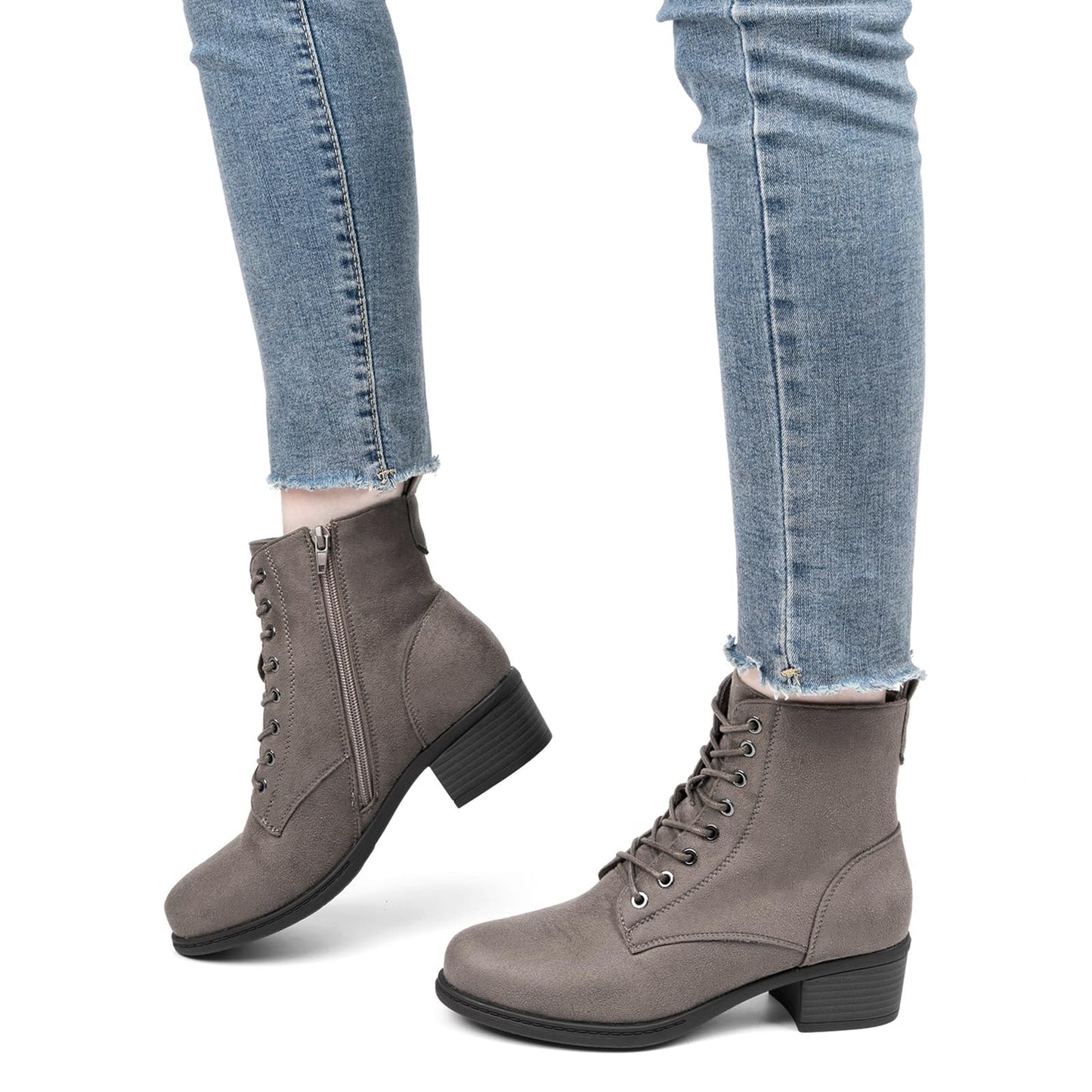 VJH confort Women's Fashion Ankle Boots Low Heels Chunky Lace-up Combat Bootie with Side Zipper