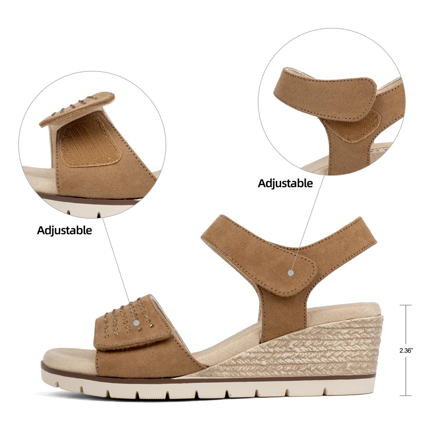 VJH confort Women's Wedge Sandals, Comfort Memory Foam Rhinestone Sandal with Adjustable straps