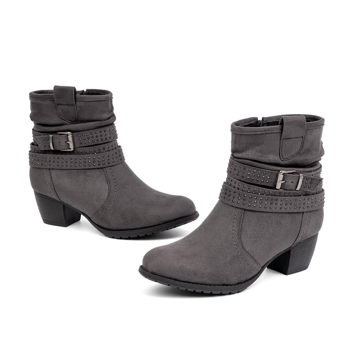 Women's Mid Calf Boots,Round Toe Comfort Low Heel Slouchy Dress zip booties with Jeweled strap