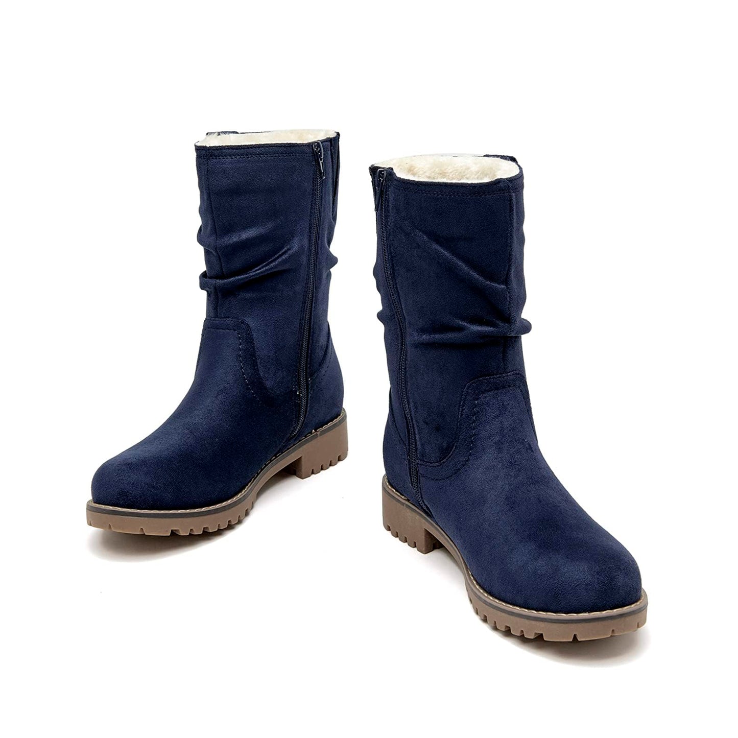 VJH confort Women's Mid Calf Boots Slouchy Riding Combat Low Heel Fur Lined Winter Zipper Booties