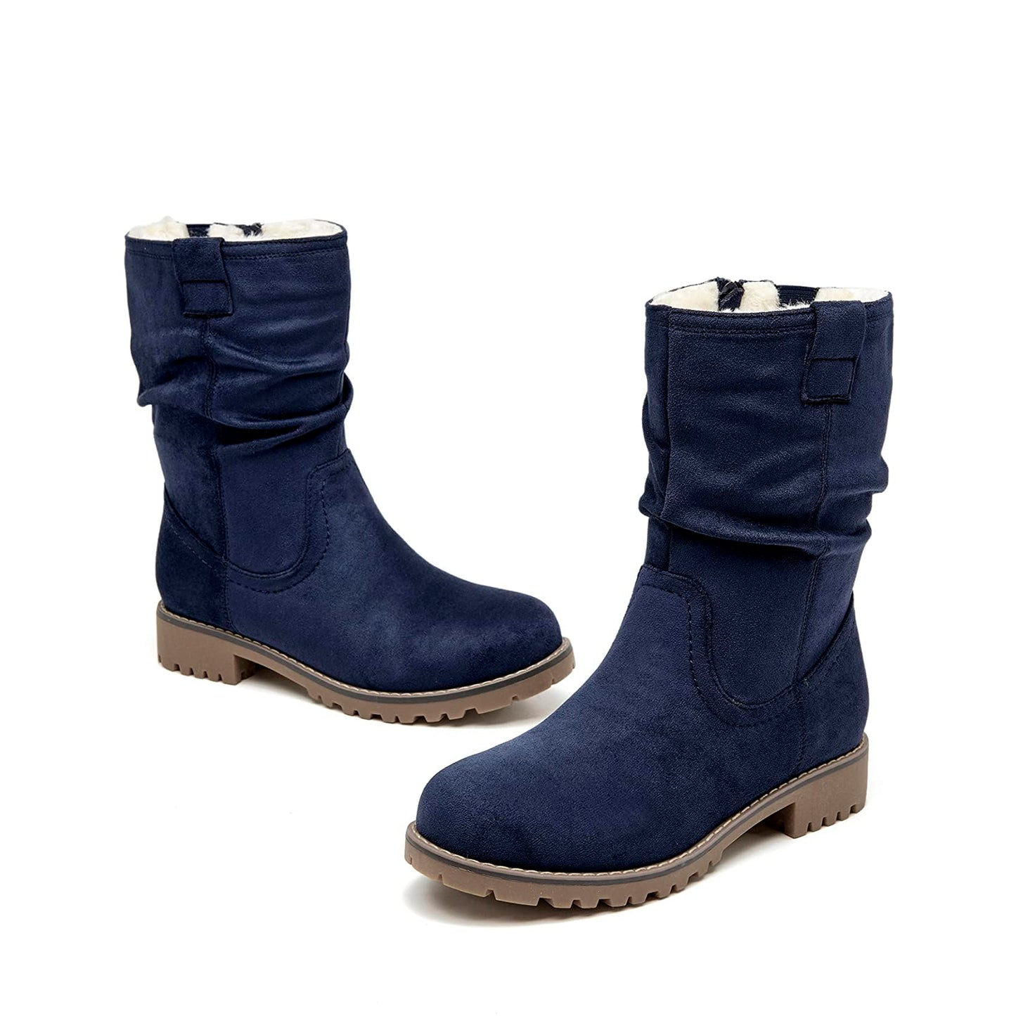 VJH confort Women's Mid Calf Boots Slouchy Riding Combat Low Heel Fur Lined Winter Zipper Booties