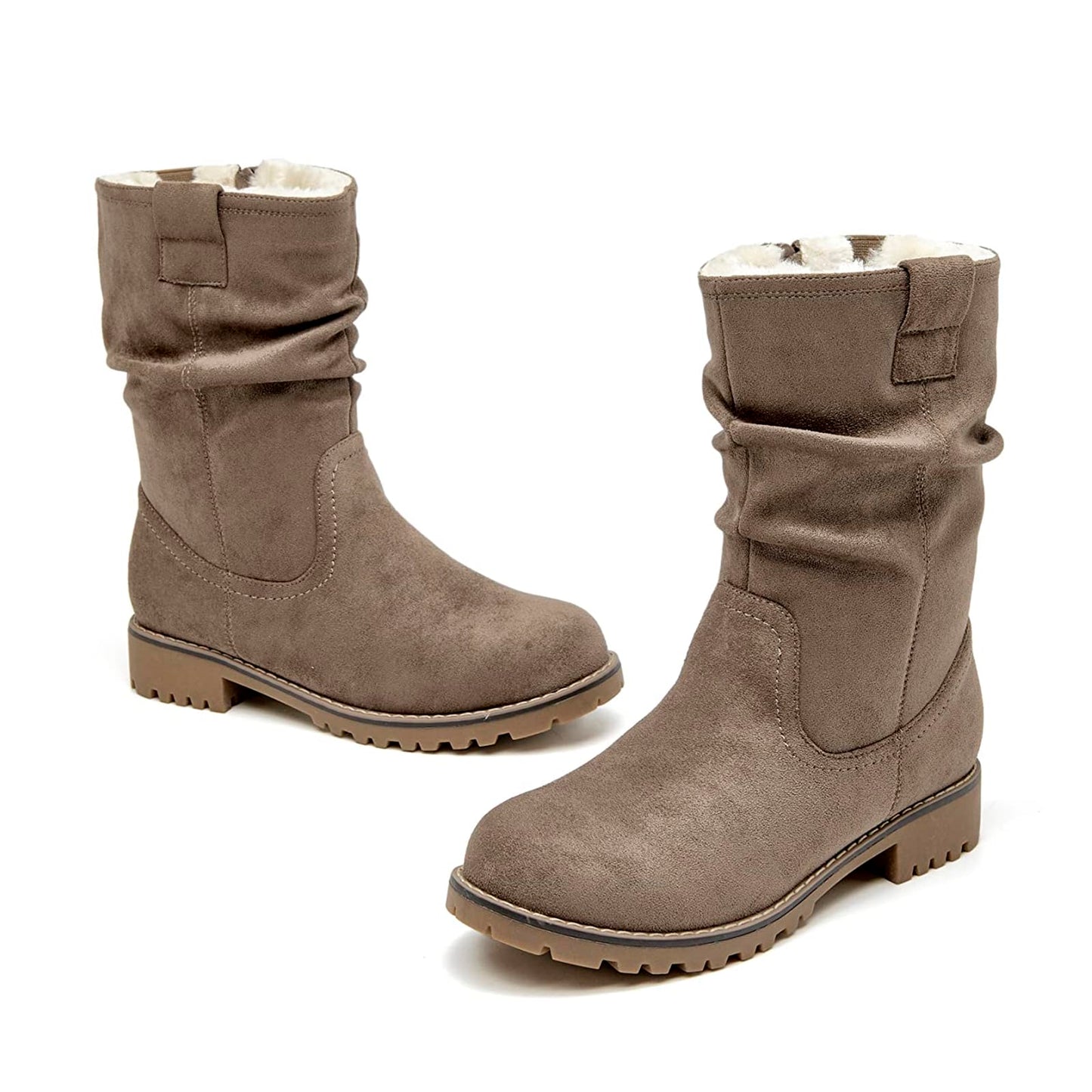 VJH confort Women's Mid Calf Boots Slouchy Riding Combat Low Heel Fur Lined Winter Zipper Booties