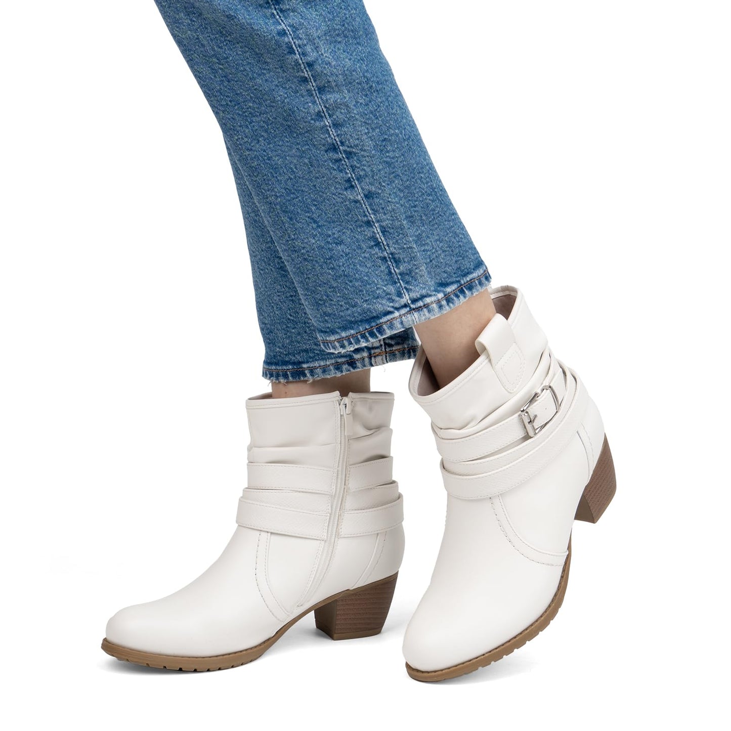 VJH confort Women's Mid Calf Boots,Round Toe Comfort Low Heel Slouchy Dress Booties with Buckle Strap Side Zipper