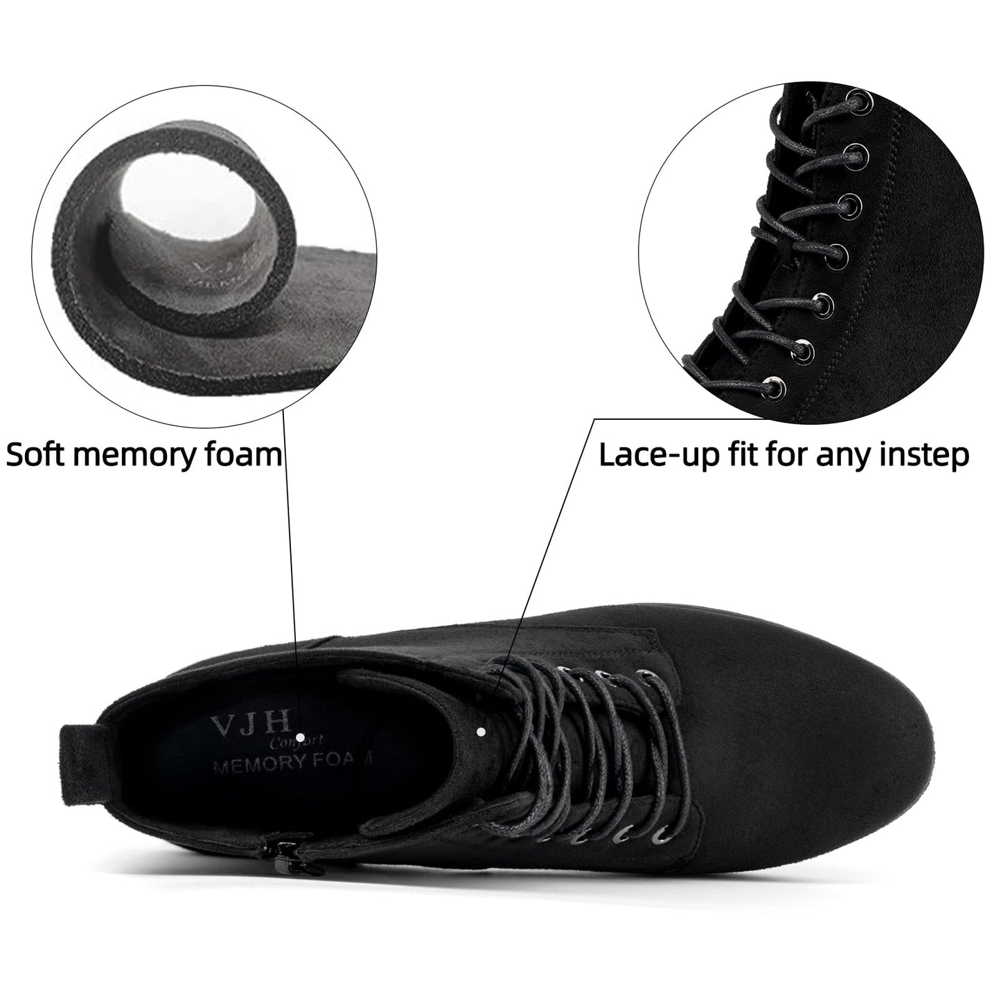 VJH confort Women's Fashion Ankle Boots Low Heels Chunky Lace-up Combat Bootie with Side Zipper