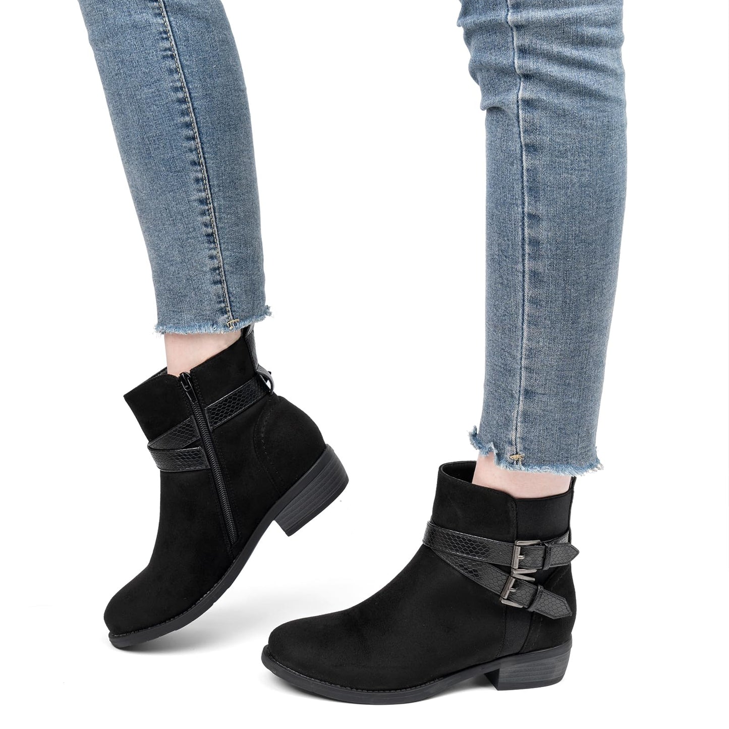 VJH confort Women's Ankle Boots,Round Toe Low Heel Comfort Elastic Booties with Side Zipper Buckle Strap