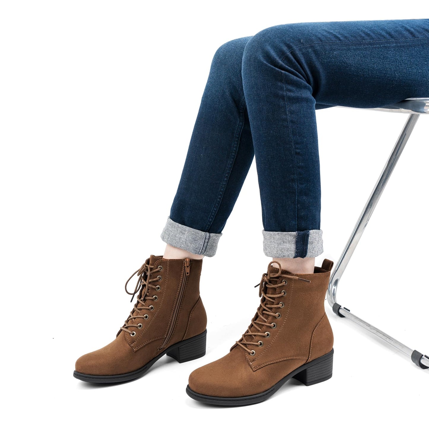 VJH confort Women's Fashion Ankle Boots Low Heels Chunky Lace-up Combat Bootie with Side Zipper