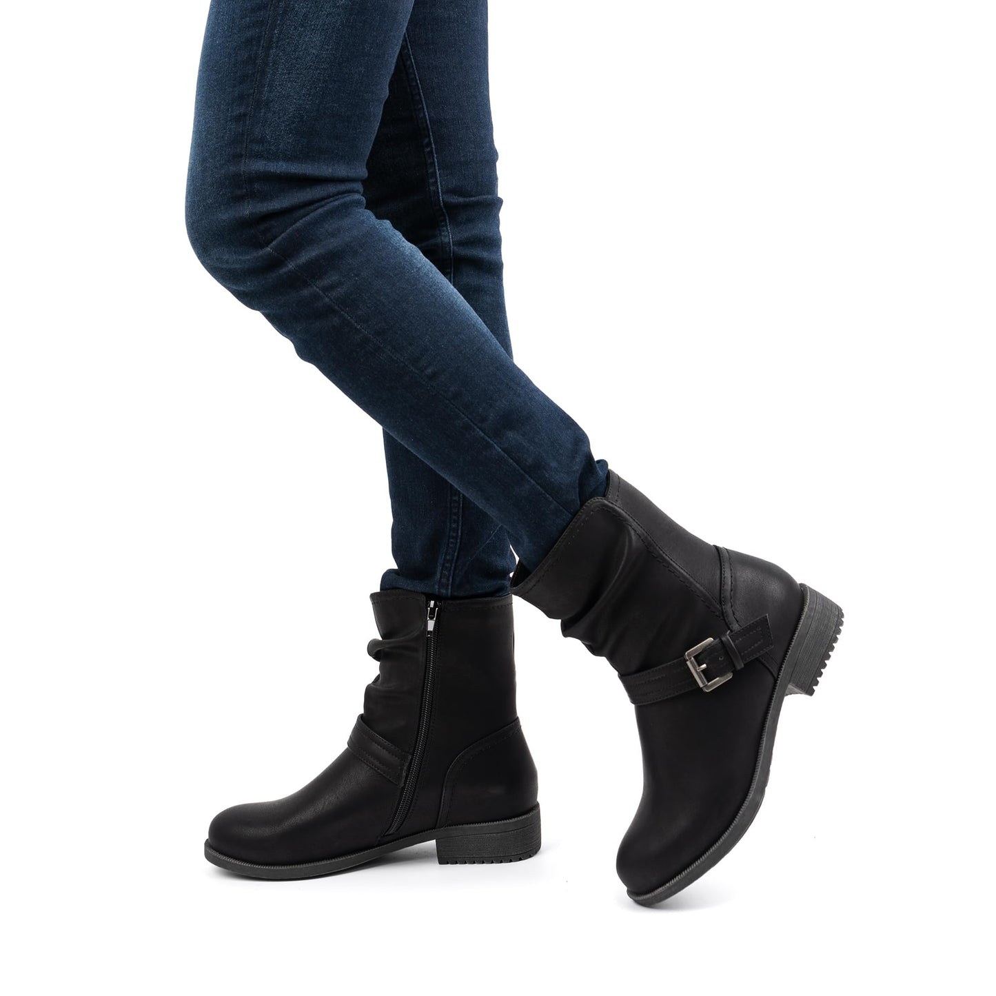 VJH confort Women's Mid Calf Boots, Comfort Buckle Slouchy Booties with Side Zipper