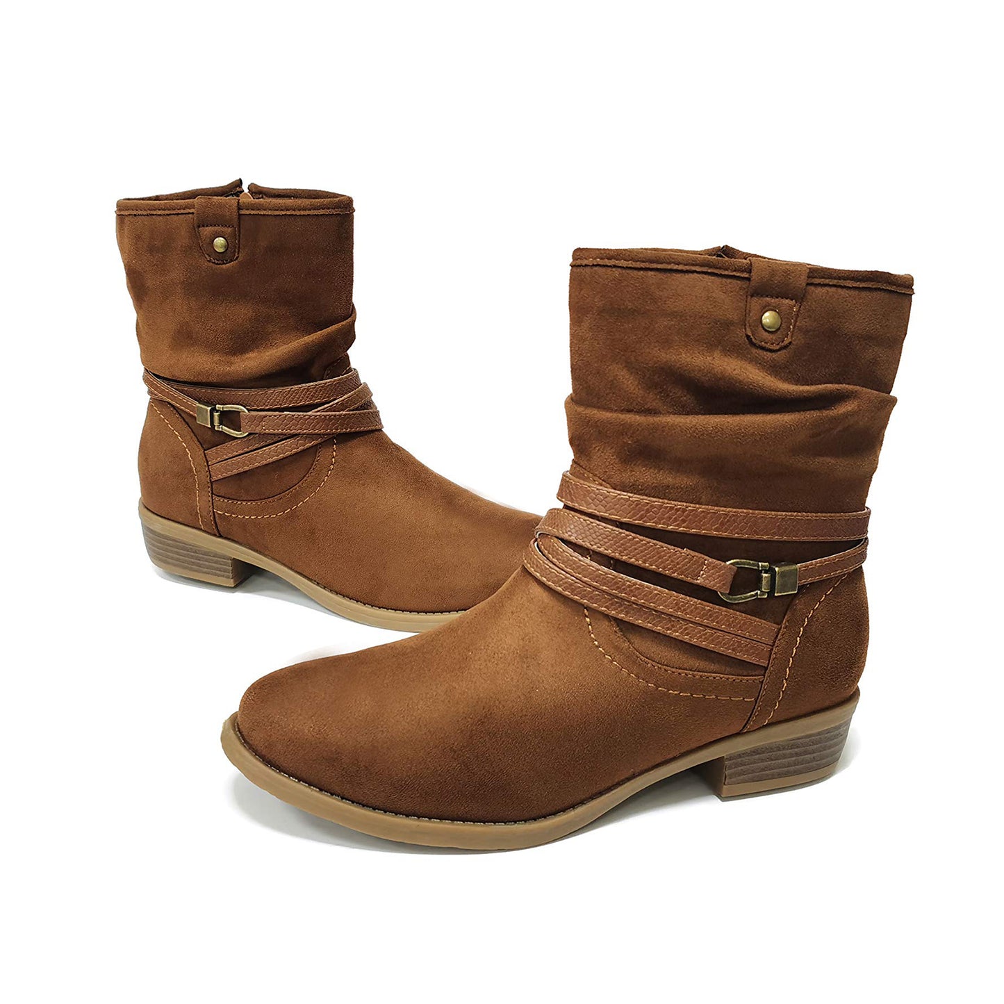 VJH confort Women's Mid Calf Boot,Round Toe Low Heel Comfort Slouchy Bootie with Side Zipper Buckle Strap