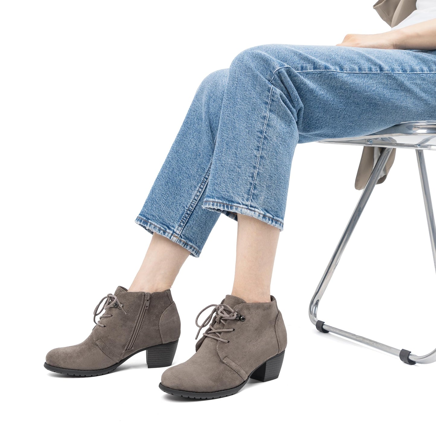 VJH confort Women's Ankle Boots,Lace-up Round Toe Comfortable Low Heel Dress Booties with Side Zipper