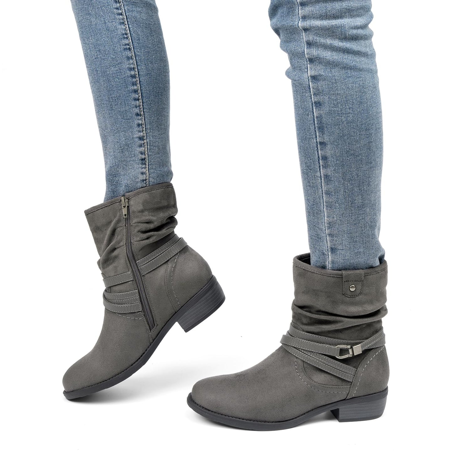 VJH confort Women's Mid Calf Boot,Round Toe Low Heel Comfort Slouchy Bootie with Side Zipper Buckle Strap