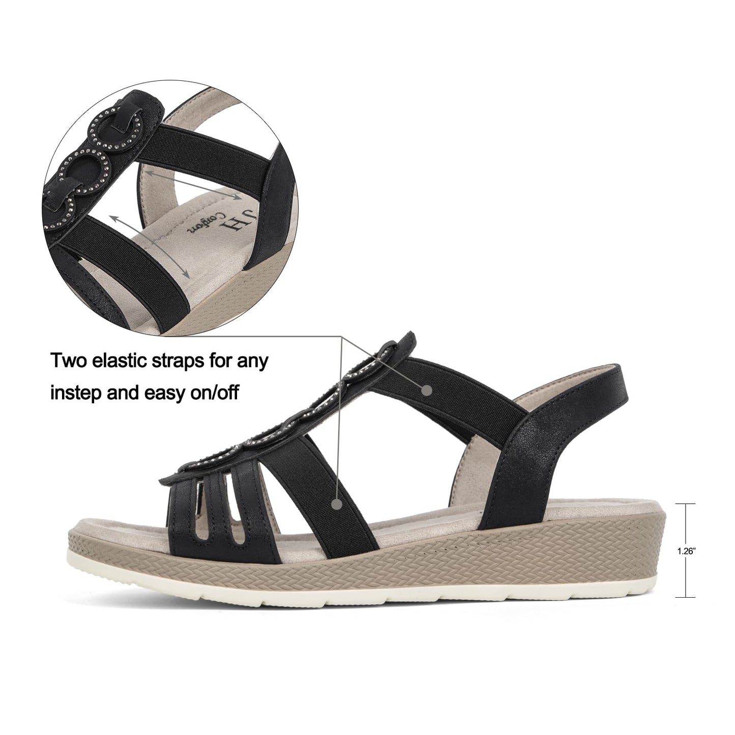 VJH confort Women’s Flat Sandals Comfortable Rhinestone Dressy sandals Elastic Open toe Low Wedge Sandals for Summer