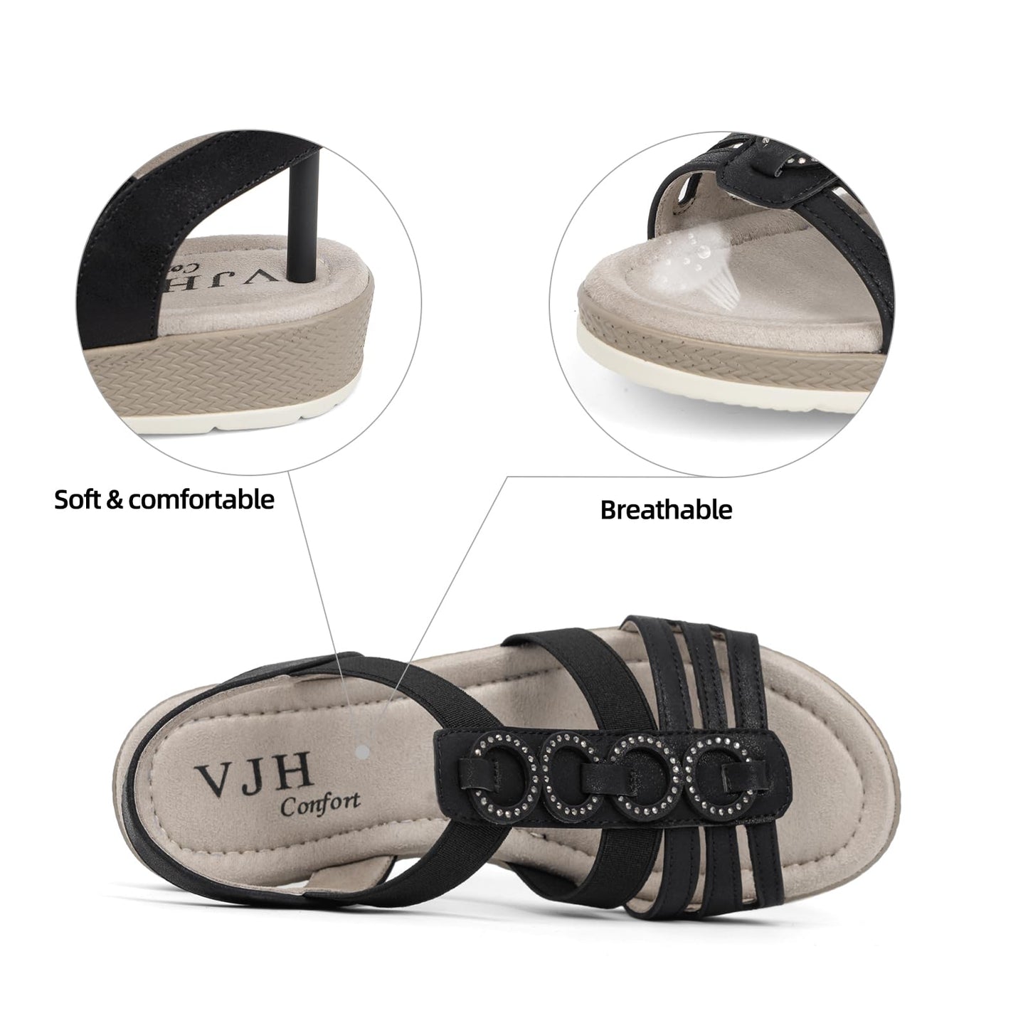 VJH confort Women’s Flat Sandals Comfortable Rhinestone Dressy sandals Elastic Open toe Low Wedge Sandals for Summer