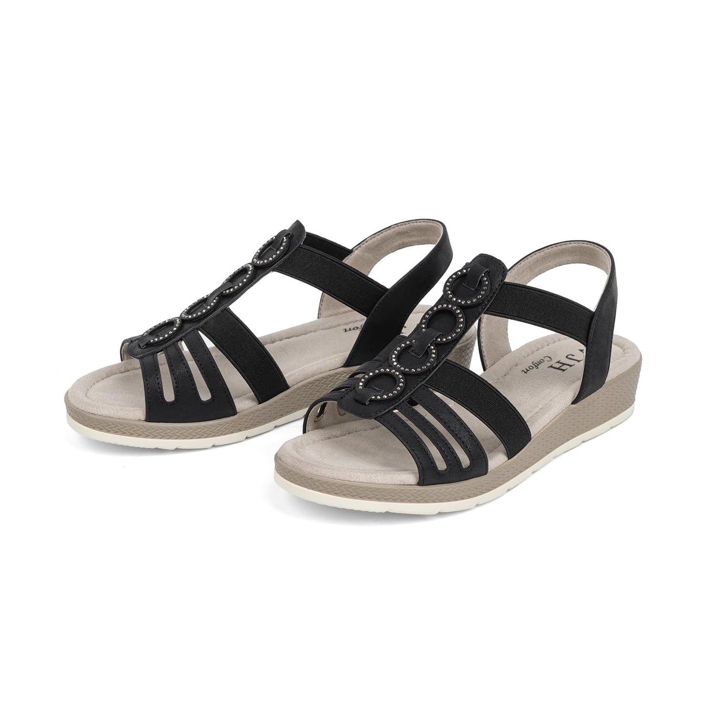 VJH confort Women’s Flat Sandals Comfortable Rhinestone Dressy sandals Elastic Open toe Low Wedge Sandals for Summer