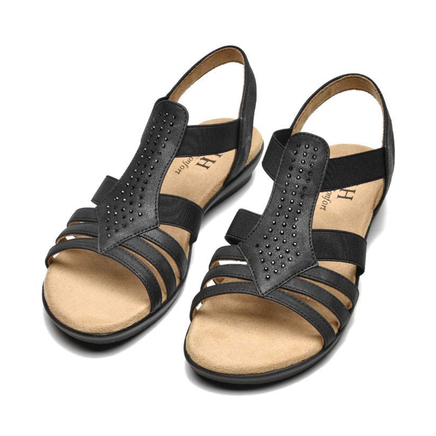 VJH confort Women's Flat Sandals, Comfort Elastic Slip-on Light Weight Slingback Casual Walking Sandals with Rhinestone