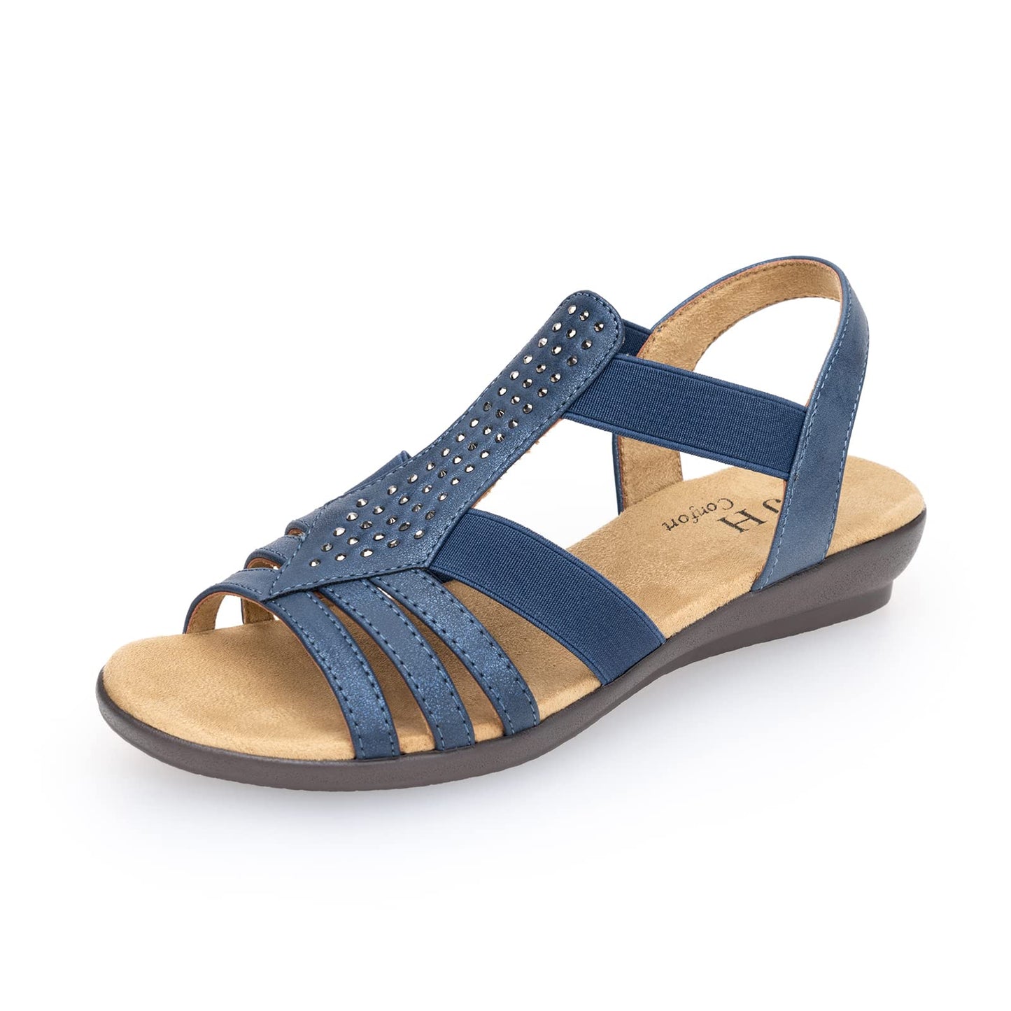 VJH confort Women's Flat Sandals, Comfort Elastic Slip-on Light Weight Slingback Casual Walking Sandals with Rhinestone