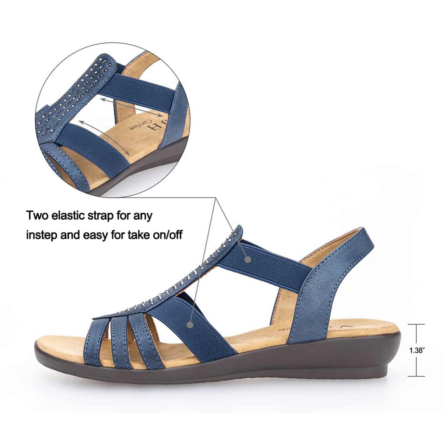 VJH confort Women's Flat Sandals, Comfort Elastic Slip-on Light Weight Slingback Casual Walking Sandals with Rhinestone