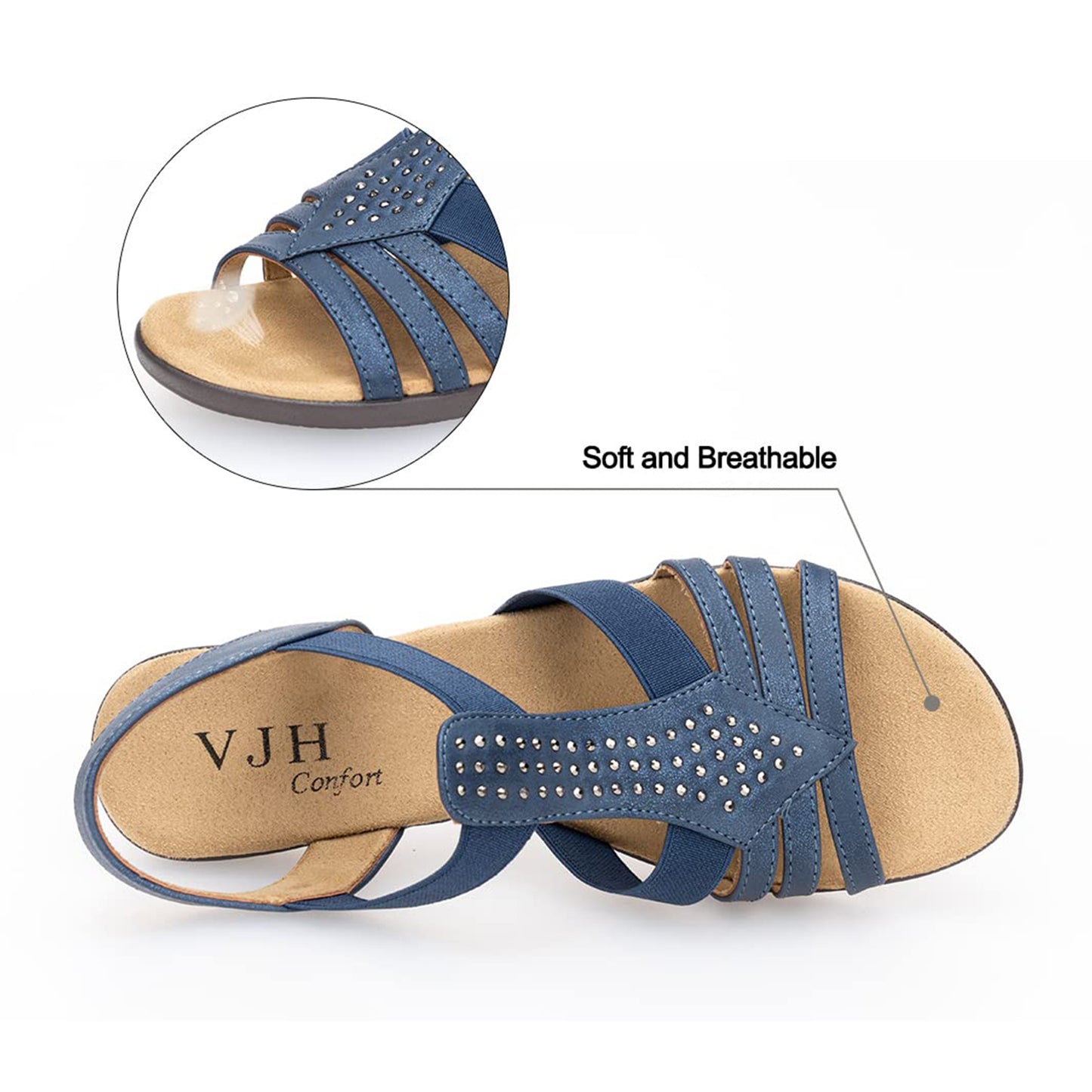 VJH confort Women's Flat Sandals, Comfort Elastic Slip-on Light Weight Slingback Casual Walking Sandals with Rhinestone