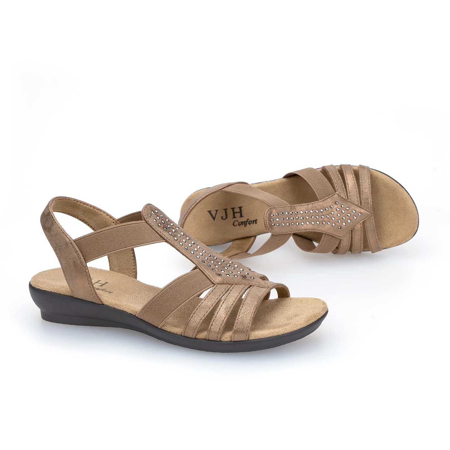 VJH confort Women's Flat Sandals, Comfort Elastic Slip-on Light Weight Slingback Casual Walking Sandals with Rhinestone