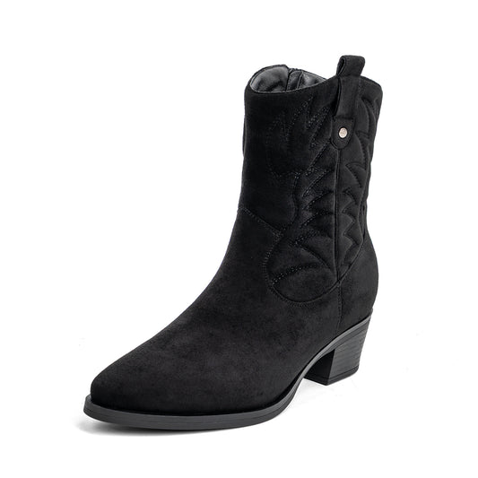 VJH confort Women's Cowboy Boots Mid Calf Cowgirl with Embroidery Pointed Toe Low Block Heel Comfortable Chic Western Booties