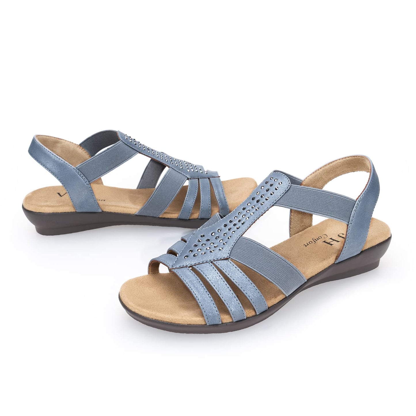 VJH confort Women's Flat Sandals, Comfort Elastic Slip-on Light Weight Slingback Casual Walking Sandals with Rhinestone