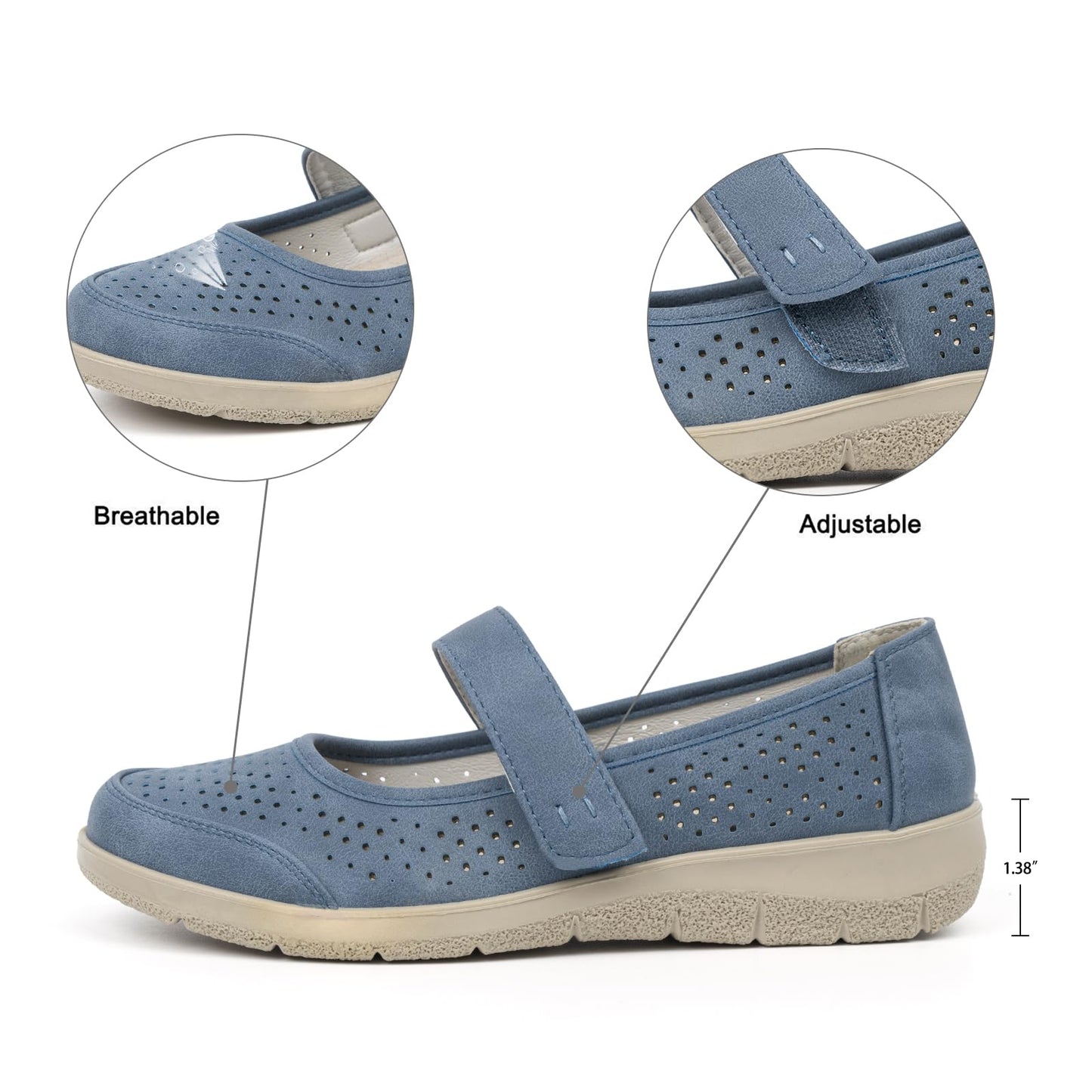 VJH confort Women's Mary Jane Flats, Breathable Slip-On Light Weight Comfort Orthotic Casual Walking Shoes