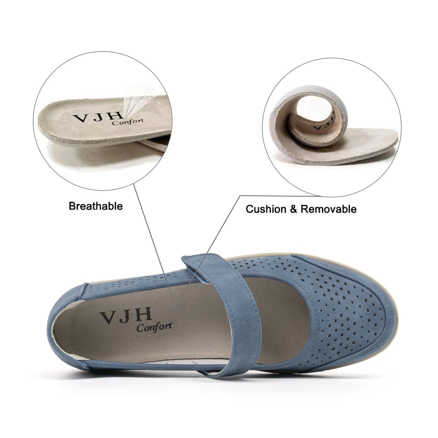 VJH confort Women's Mary Jane Flats, Breathable Slip-On Light Weight Comfort Orthotic Casual Walking Shoes