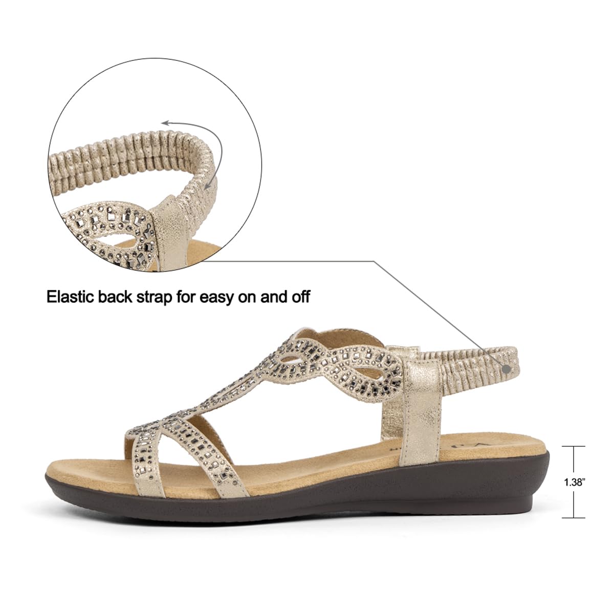 VJH confort Women’s Flat Sandals,Comfort Elastic Strap Rhinestone Open Toe Slip-On Casual Walking Sandals