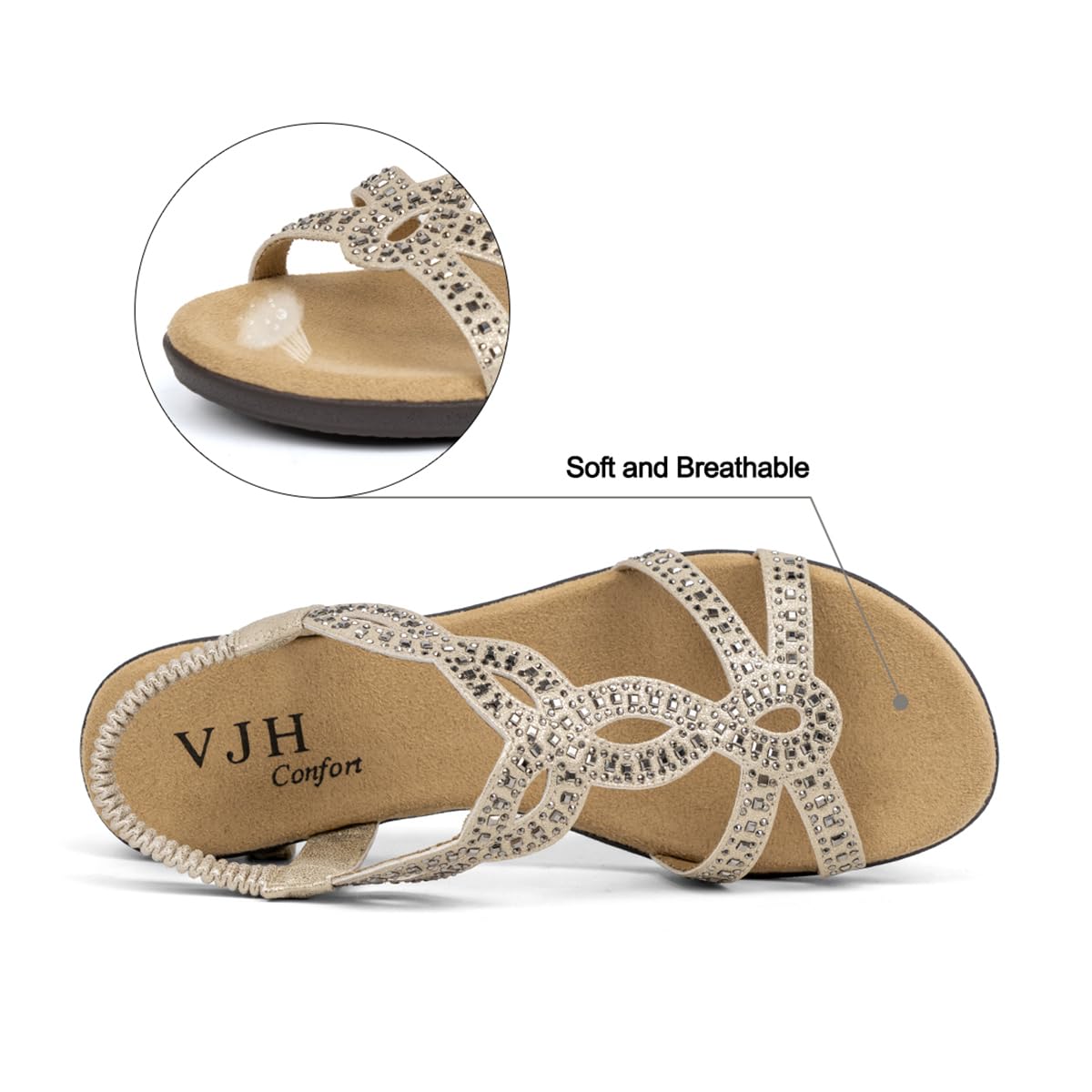 VJH confort Women’s Flat Sandals,Comfort Elastic Strap Rhinestone Open Toe Slip-On Casual Walking Sandals