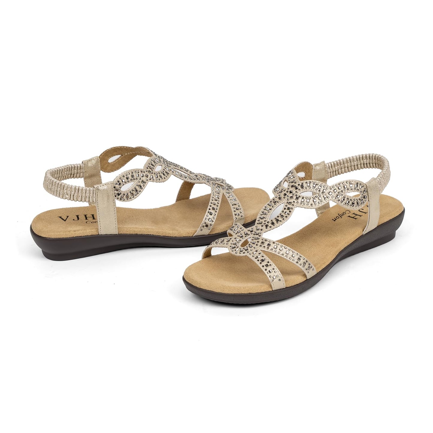 VJH confort Women’s Flat Sandals,Comfort Elastic Strap Rhinestone Open Toe Slip-On Casual Walking Sandals