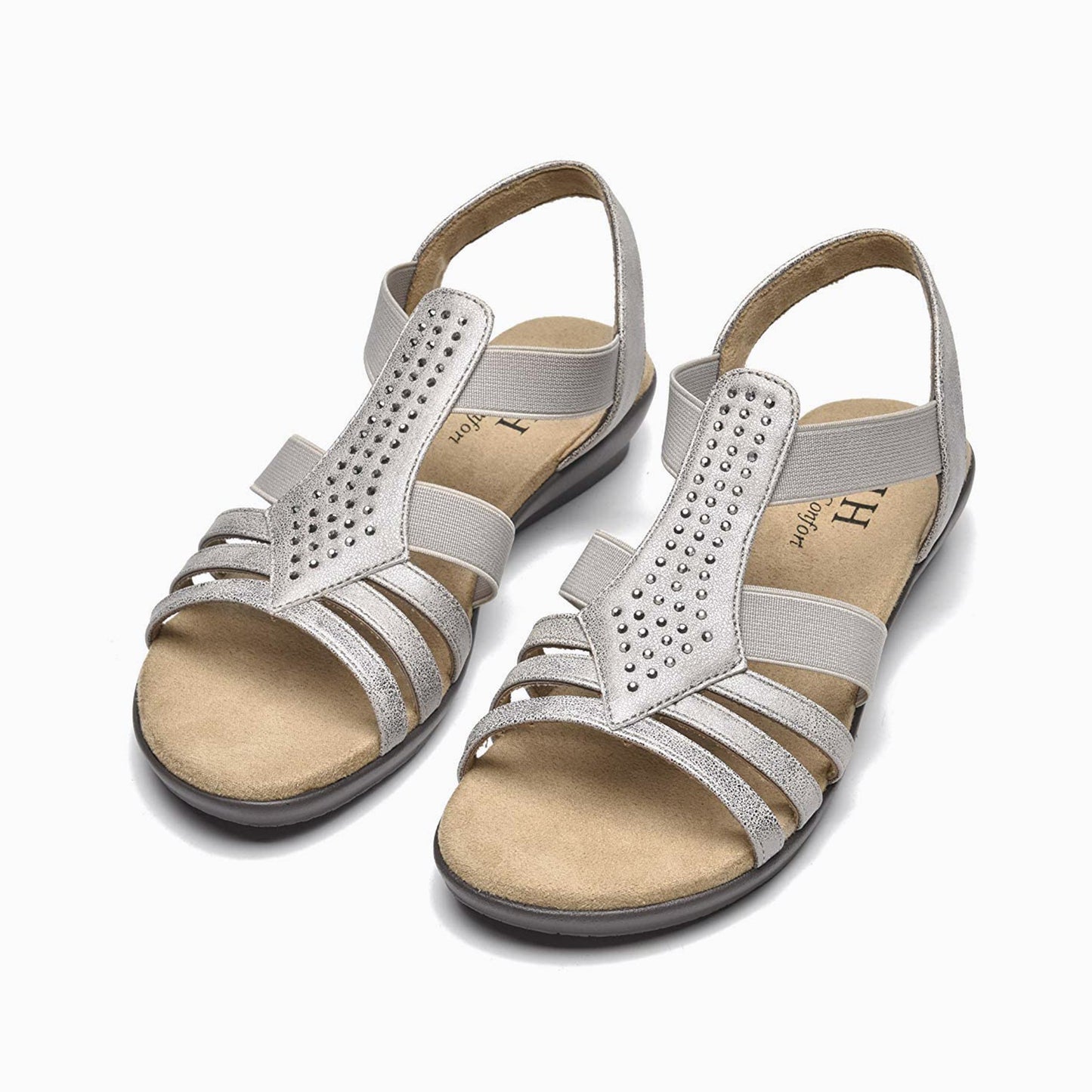 VJH confort Women's Flat Sandals, Comfort Elastic Slip-on Light Weight Slingback Casual Walking Sandals with Rhinestone