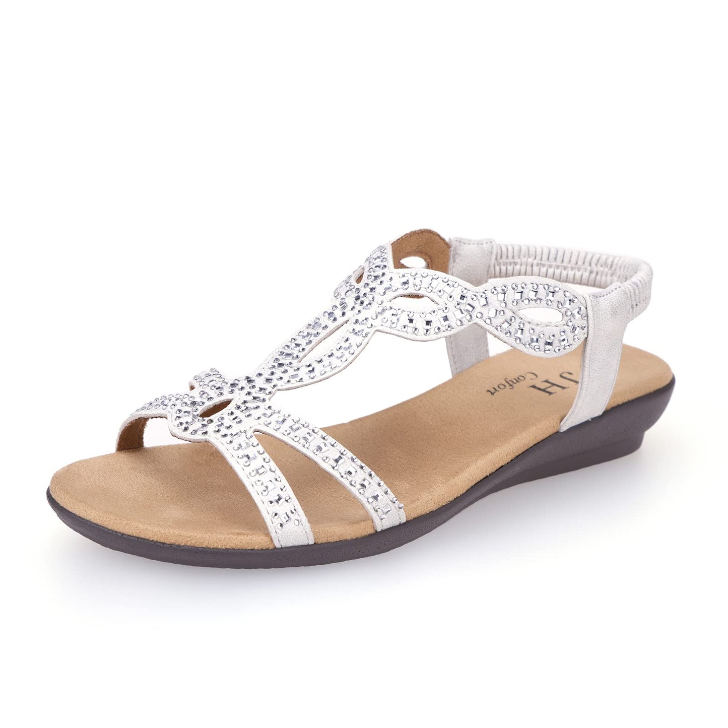 VJH confort Women’s Flat Sandals,Comfort Elastic Strap Rhinestone Open Toe Slip-On Casual Walking Sandals