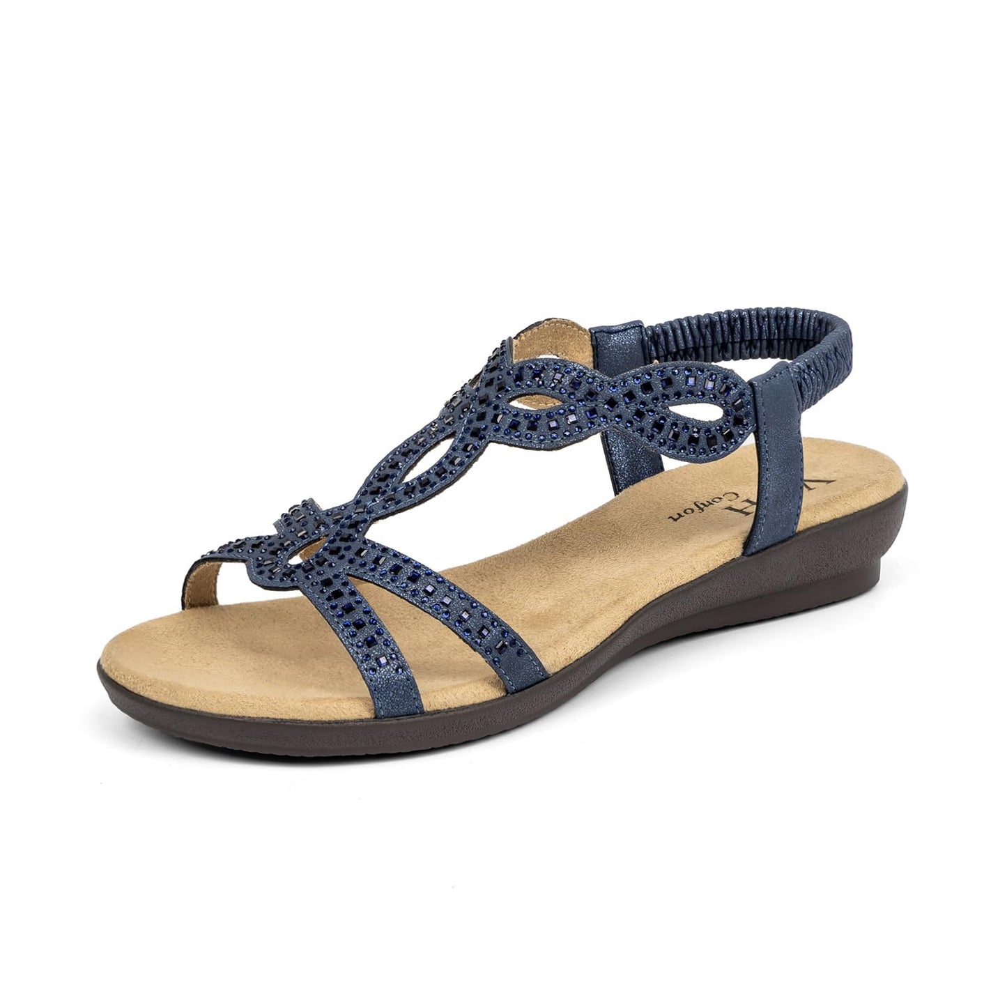 VJH confort Women’s Flat Sandals,Comfort Elastic Strap Rhinestone Open Toe Slip-On Casual Walking Sandals